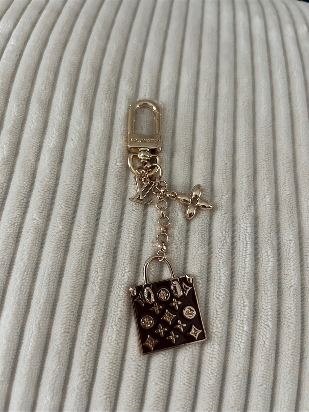 Gold-Tone Brown Enamel Monogram Bag Charm or Key Chain.